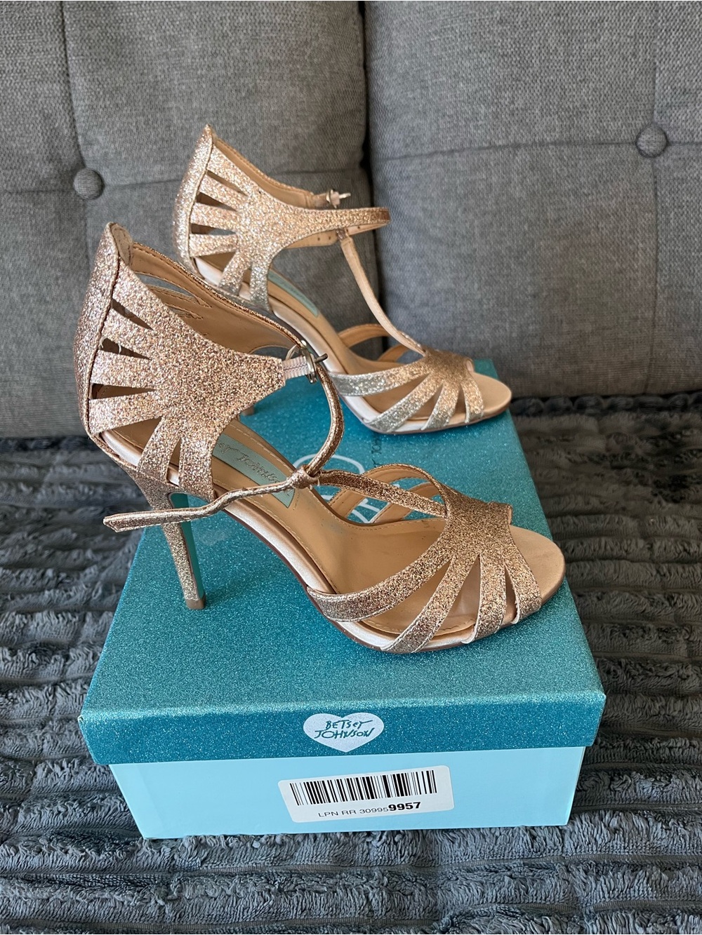 Betsey Johnson Rose Gold Glitter T-Strap Stiletto Sandals